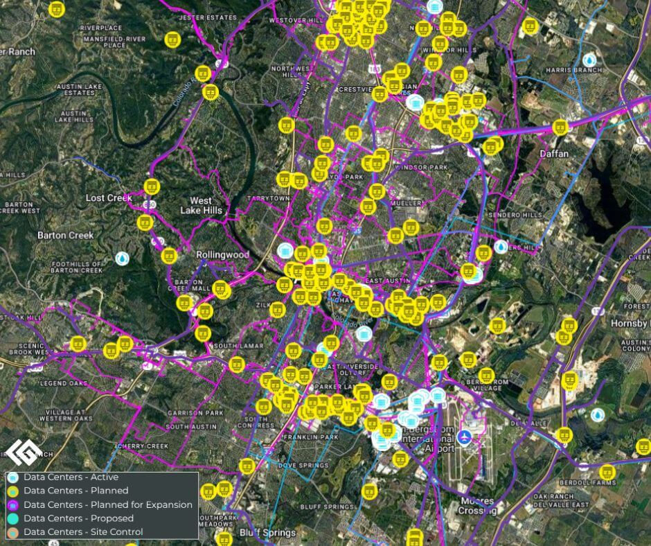 Map of Data Centers around Austin, TX from LandGate