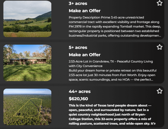Screenshot of a list of farmland for sale listings on LandApp