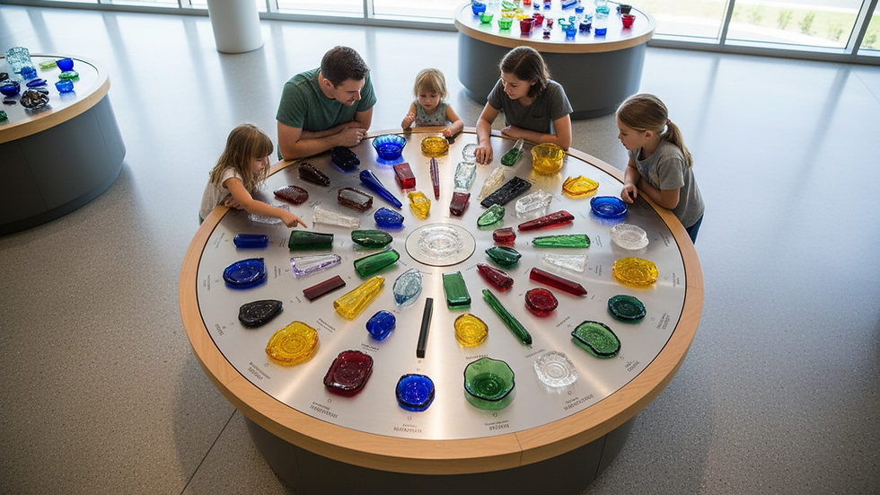 Overhead view of a family examining an interactive glass science exhibit.