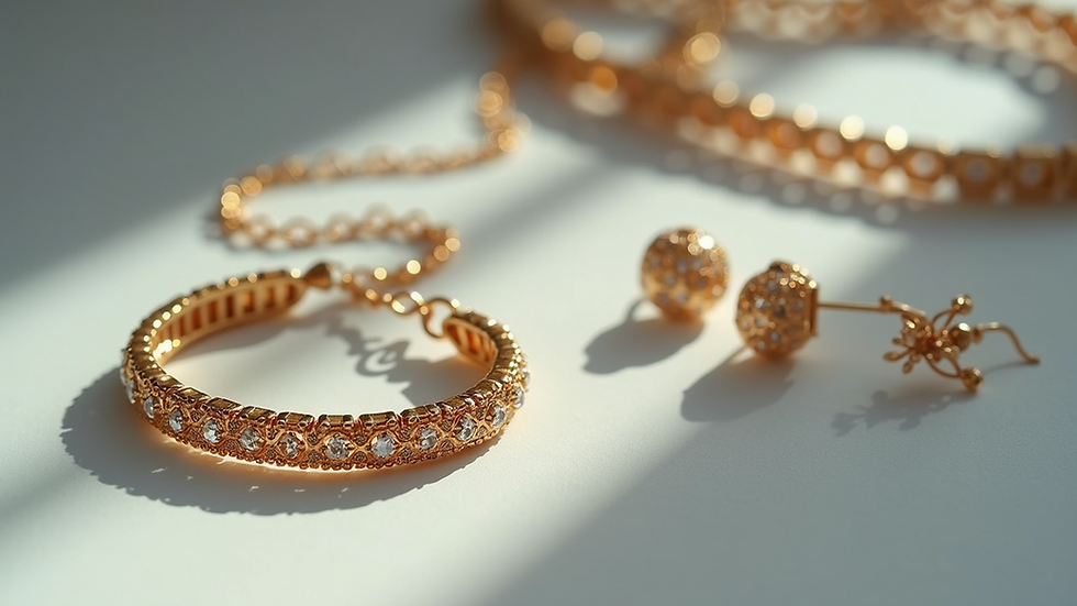 Close-up view of a stylish collection of accessories including a necklace, bracelet, and earrings