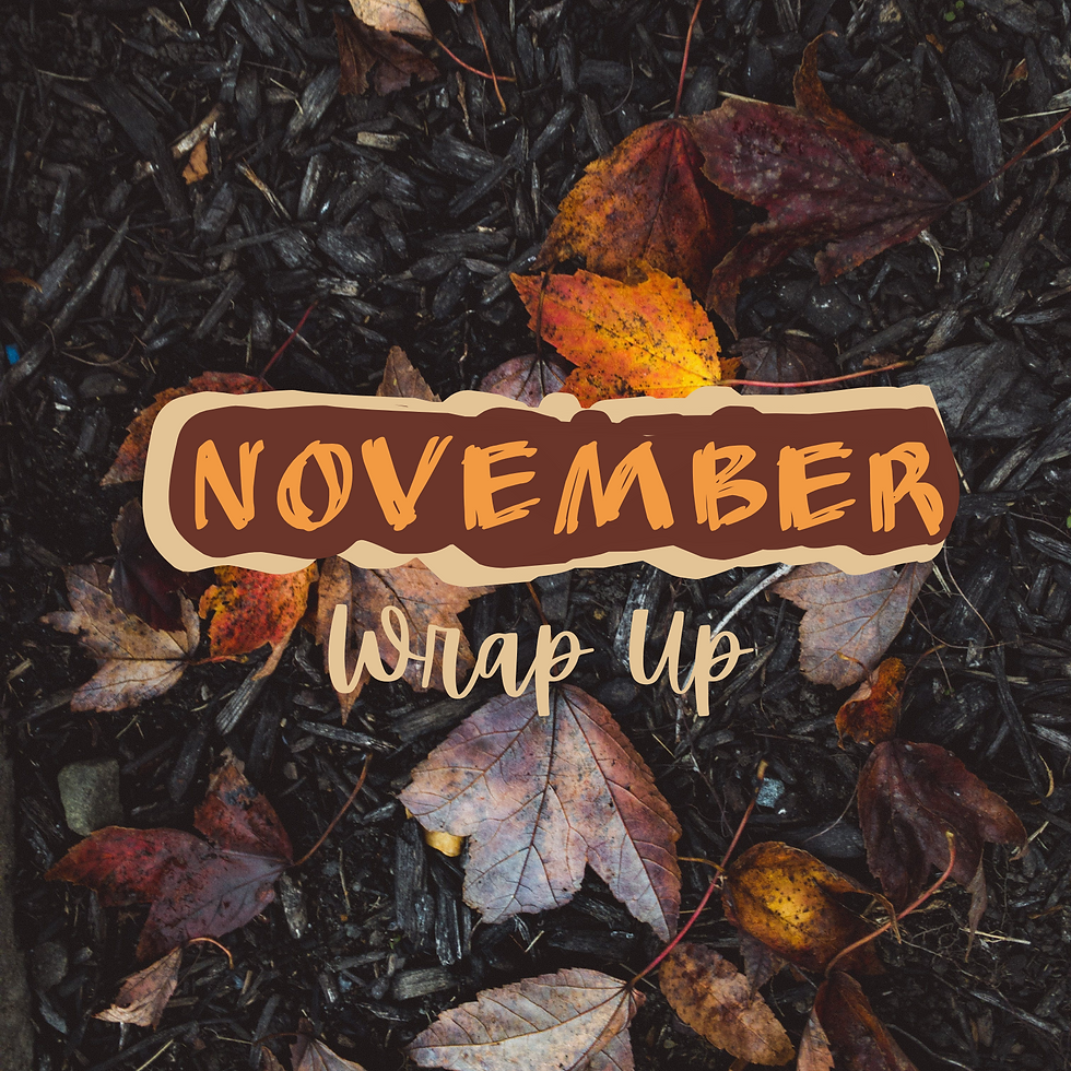 Background: Fall leaves. With text stating "November Wrap Up"