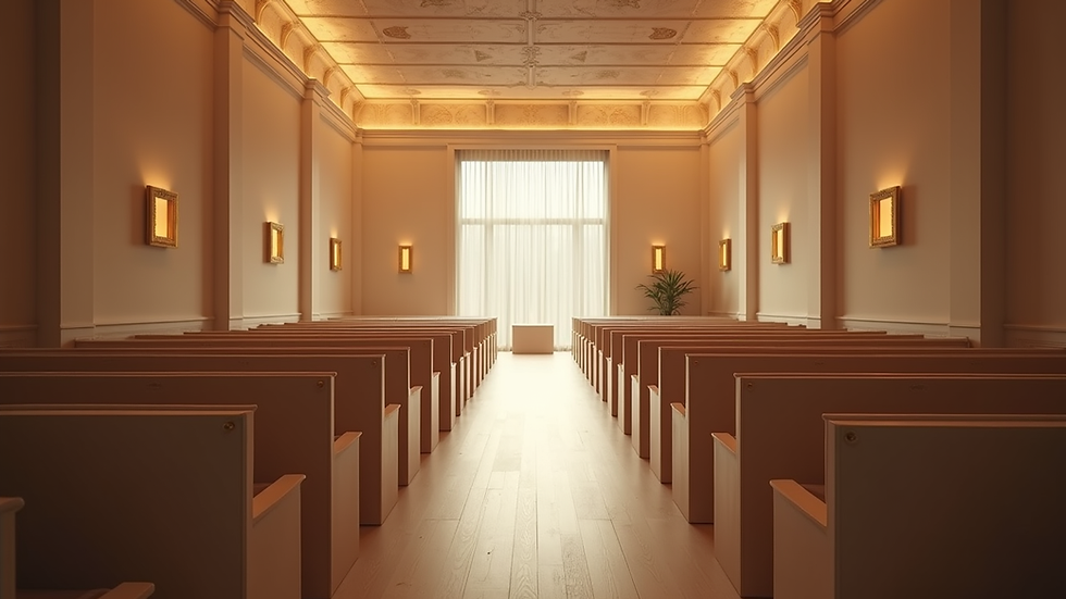 Vue en plongée d'une salle de cérémonie funéraire sobre et élégante