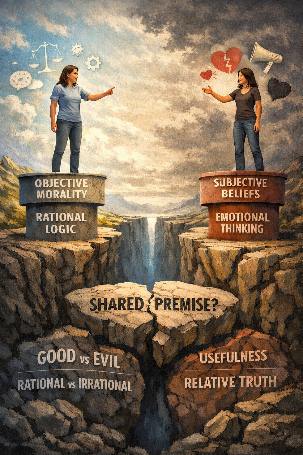 Two women stand on opposing pillars across a canyon, divided by the question “Shared Premise?” representing conflicting philosophical foundations.