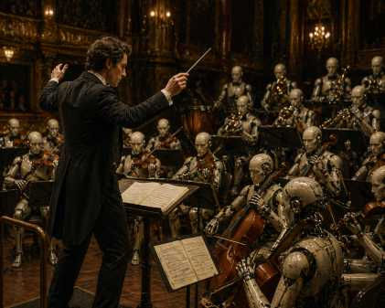 A human maestro conducts a full orchestra of androids; the artist's vision unchanged, only the instruments evolved