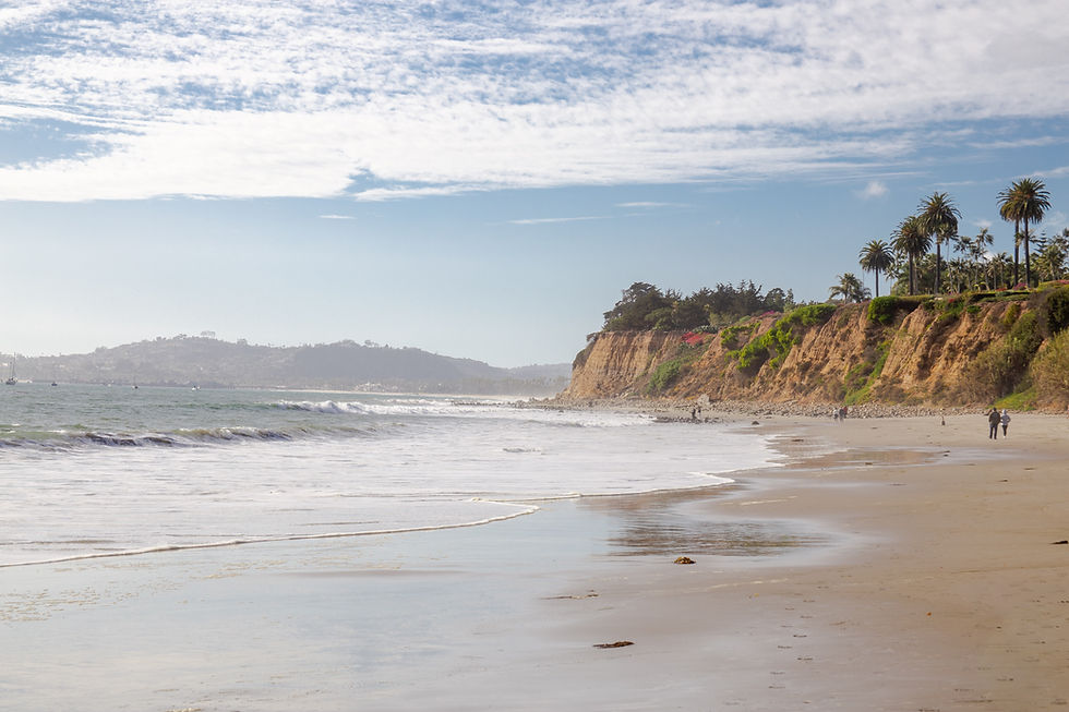 Santa Barbara beach with cliffs, palm trees, and a few people walking. Calm waves under a blue sky with scattered clouds. Tranquil mood.