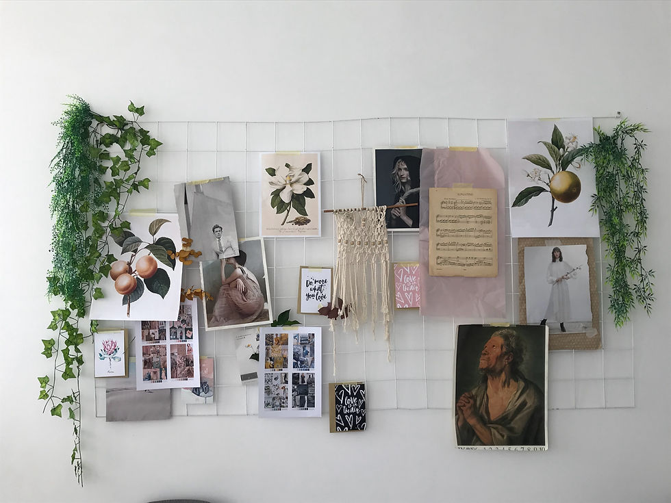 Wall collage with photos, art prints, sheet music, and greenery on white grid. Text reads "Do more of what you love." Relaxed mood.