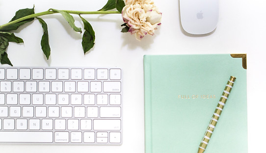 Computer keyboard, mouse, blue notebook, ink pen and rose, Image by Laura Olsen