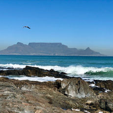 Table Mountain scenic view with waves crashing against rocks