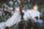 Bride and groom walk down an aisle with white chairs and blue flowers. Guests take photos, creating a joyful, festive atmosphere.