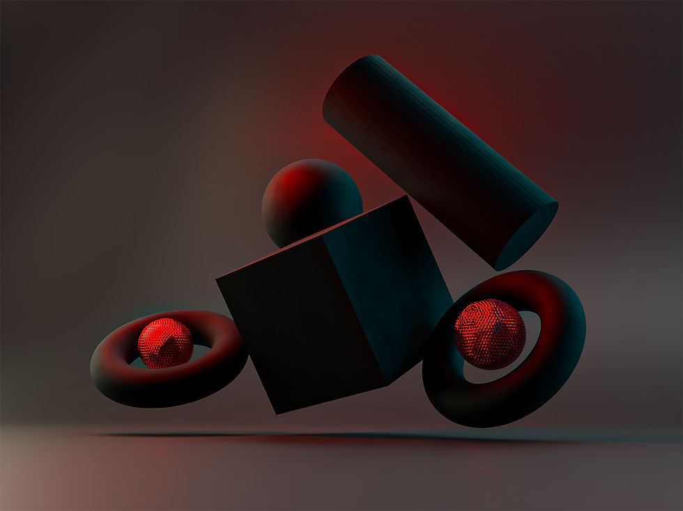 Abstract 3D shapes: cylinder, sphere, cube, and torus with red highlights float in a dark gradient background, evoking a surreal mood.