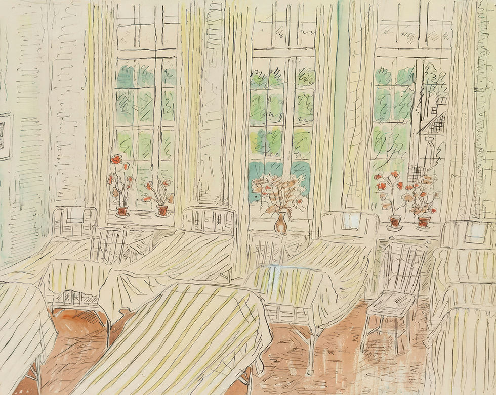 Sunlit room with empty chairs and tables, soft colors, large windows, and potted flowers. Calm, serene atmosphere with nature outside.