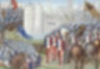 Medieval battle scene with knights in armor and helmets, holding shields and flags. A castle looms in the background, conveying tension.