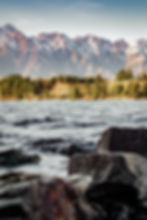 Rocky lake foreground with rippling water, pine forest, and snow-capped mountains under a clear sky. Tranquil, natural scene lakeside in Queenstown.