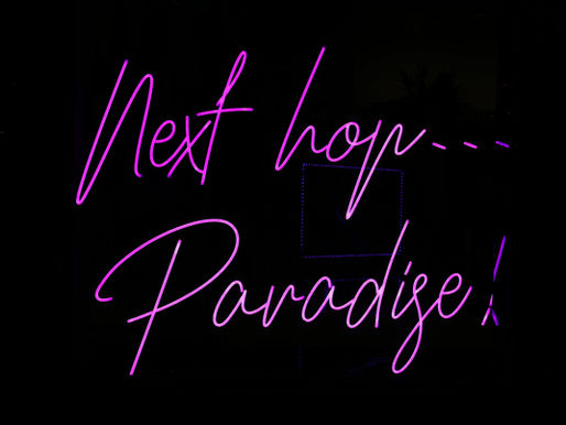 Neon sign with pink cursive text reads "Next hop... Paradise!" against a dark background, creating a vibrant, exciting mood.