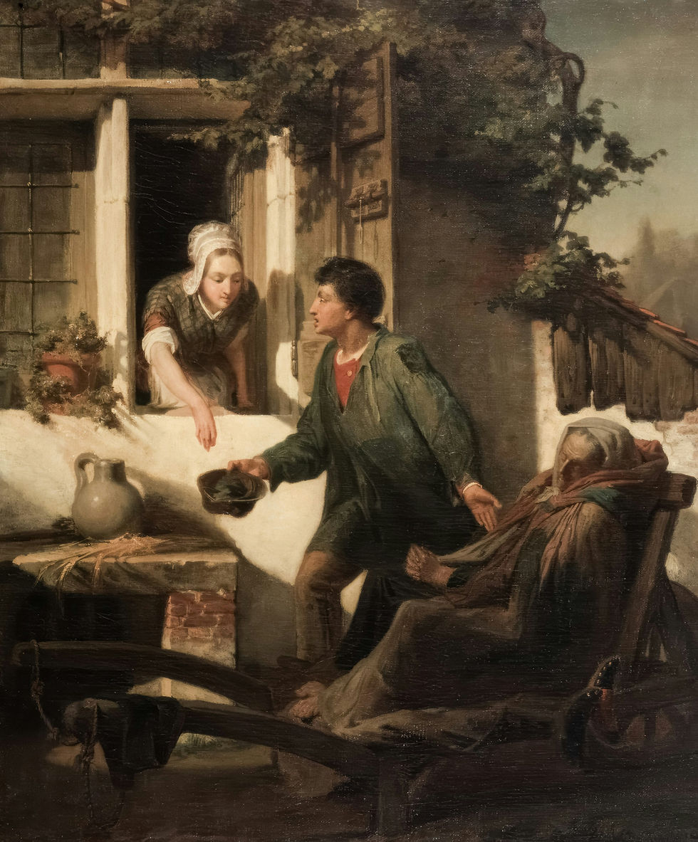 Painting: Man, woman offer aid to elderly person in cart