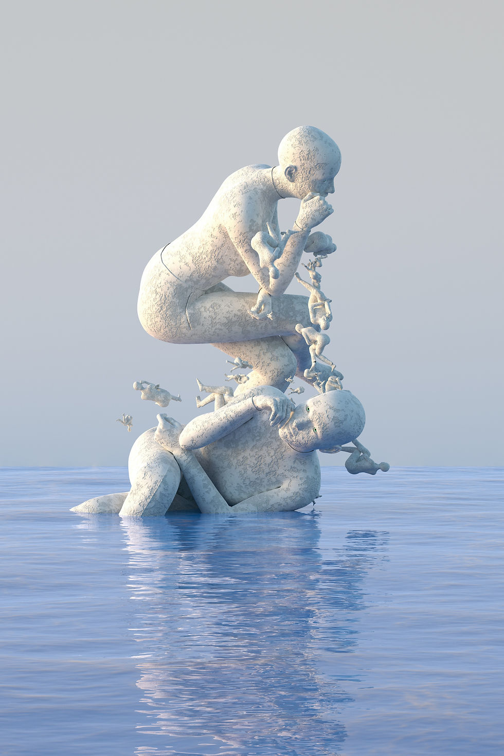 une oeuvre d'art qui représente des silhouettes d'hommes de différetnes tailles qui perdent l'équilibre dans une étendue d'eau calme