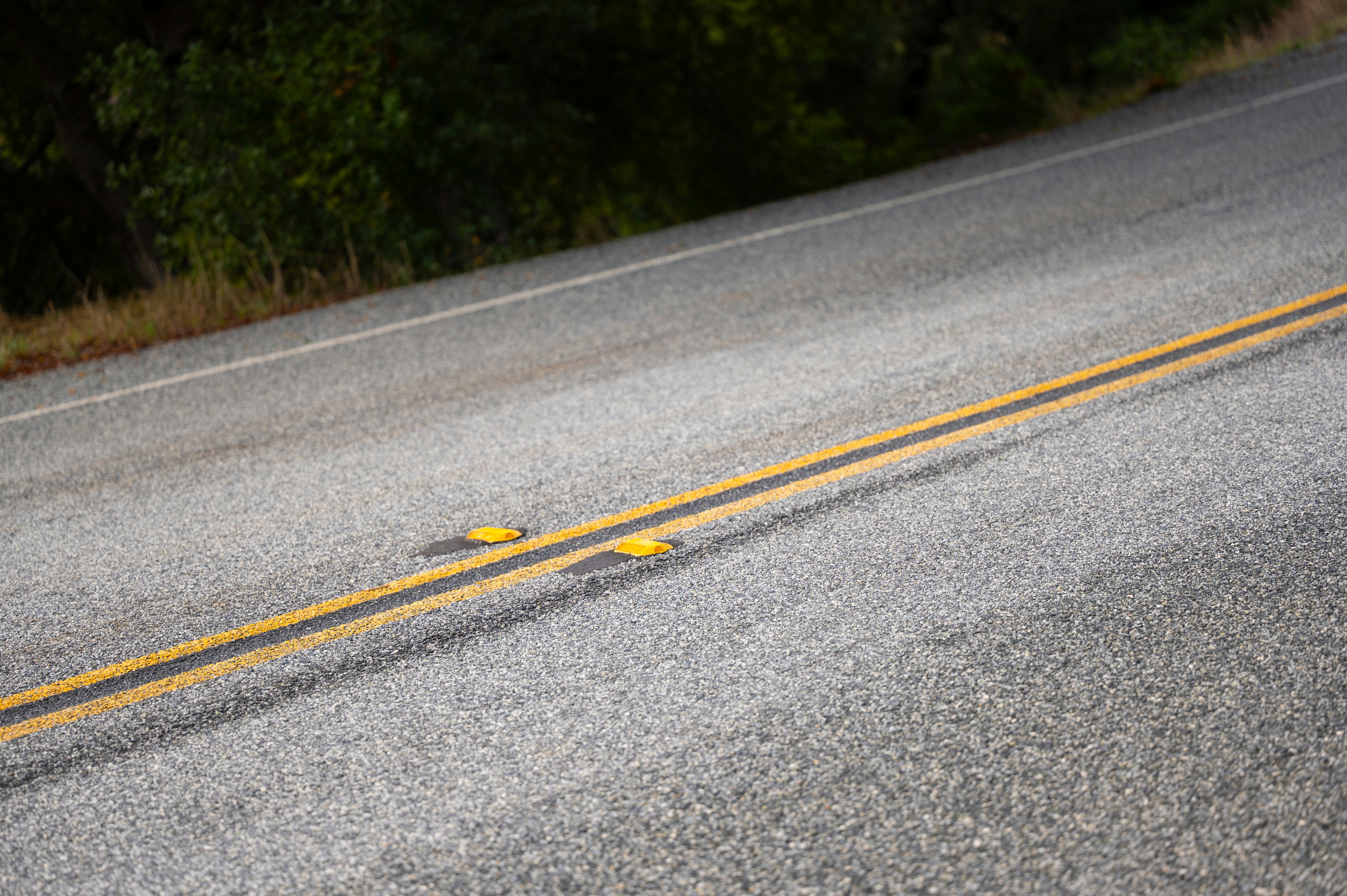 Two-lane road with double yellow center lines and reflective markers