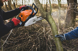 Close-up of a person cutting a tree branch with an orange chainsaw