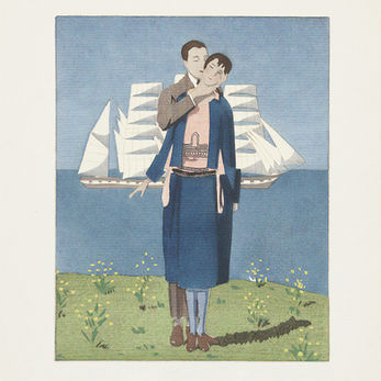 Couple embracing by the sea, sailboat in background