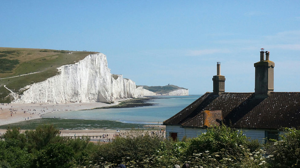 White chalk cliffs overlook a crowded beach and calm blue sea, with a house rooftop and chimneys in the foreground.