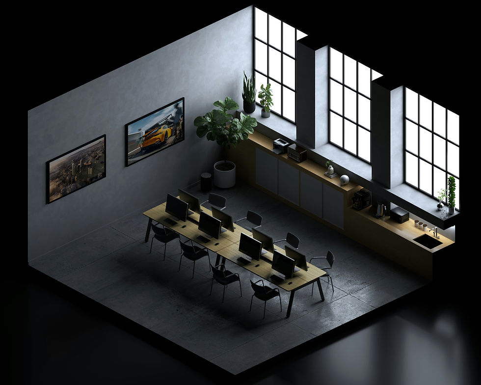 Private office cabin with monitors, wellness forward and aesthetic coworking workstatiom.