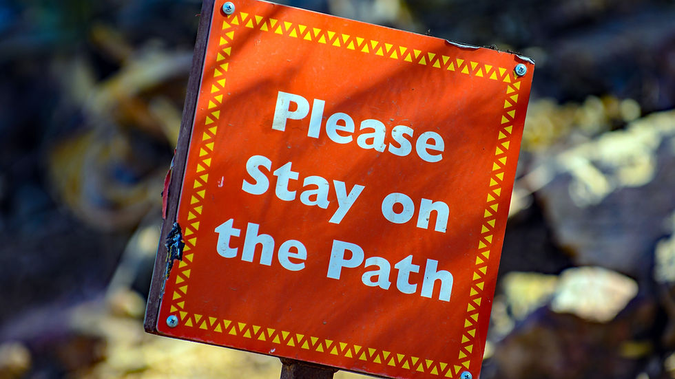 Red outdoor sign with yellow border reads "Please Stay on the Path" against a blurred natural background, emphasizing caution.