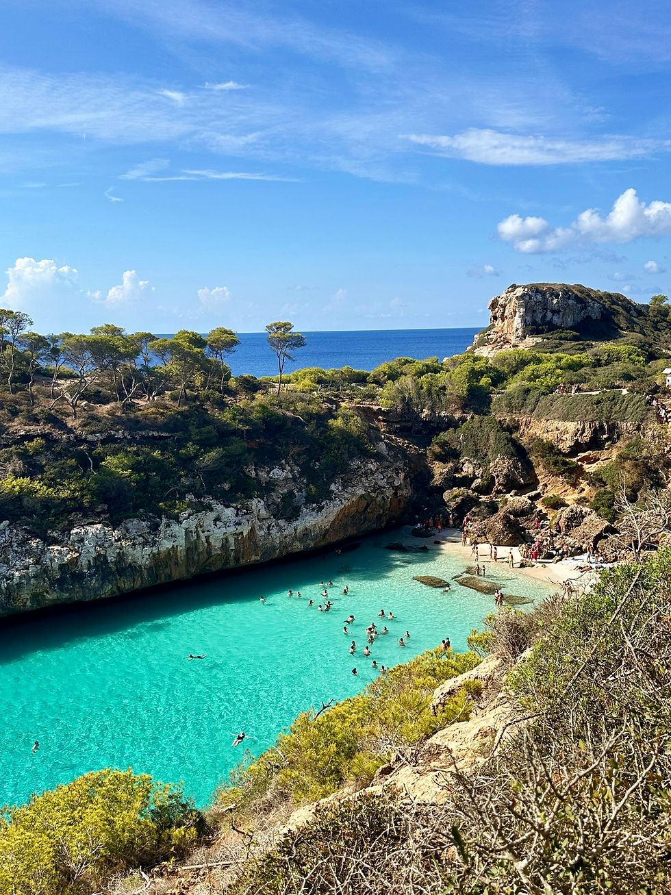 People swim in a clear, turquoise cove surrounded by rocky cliffs and trees. Bright blue sky and ocean in the background suggest a sunny day.