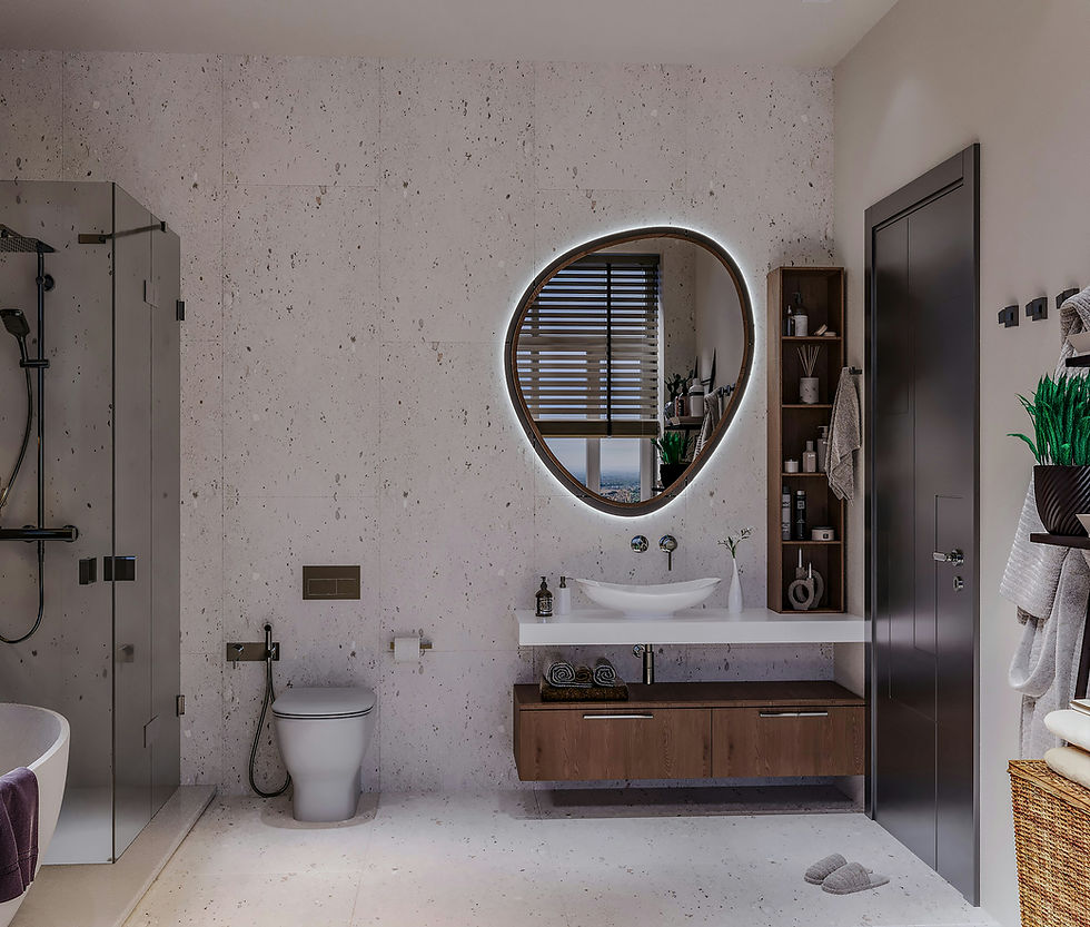 Modernes Badzimmer mit Lavabo, stylischem Spiegel, minimalistischer Toilette, begehbarer Dusche und einer freistehenden Badewanne.