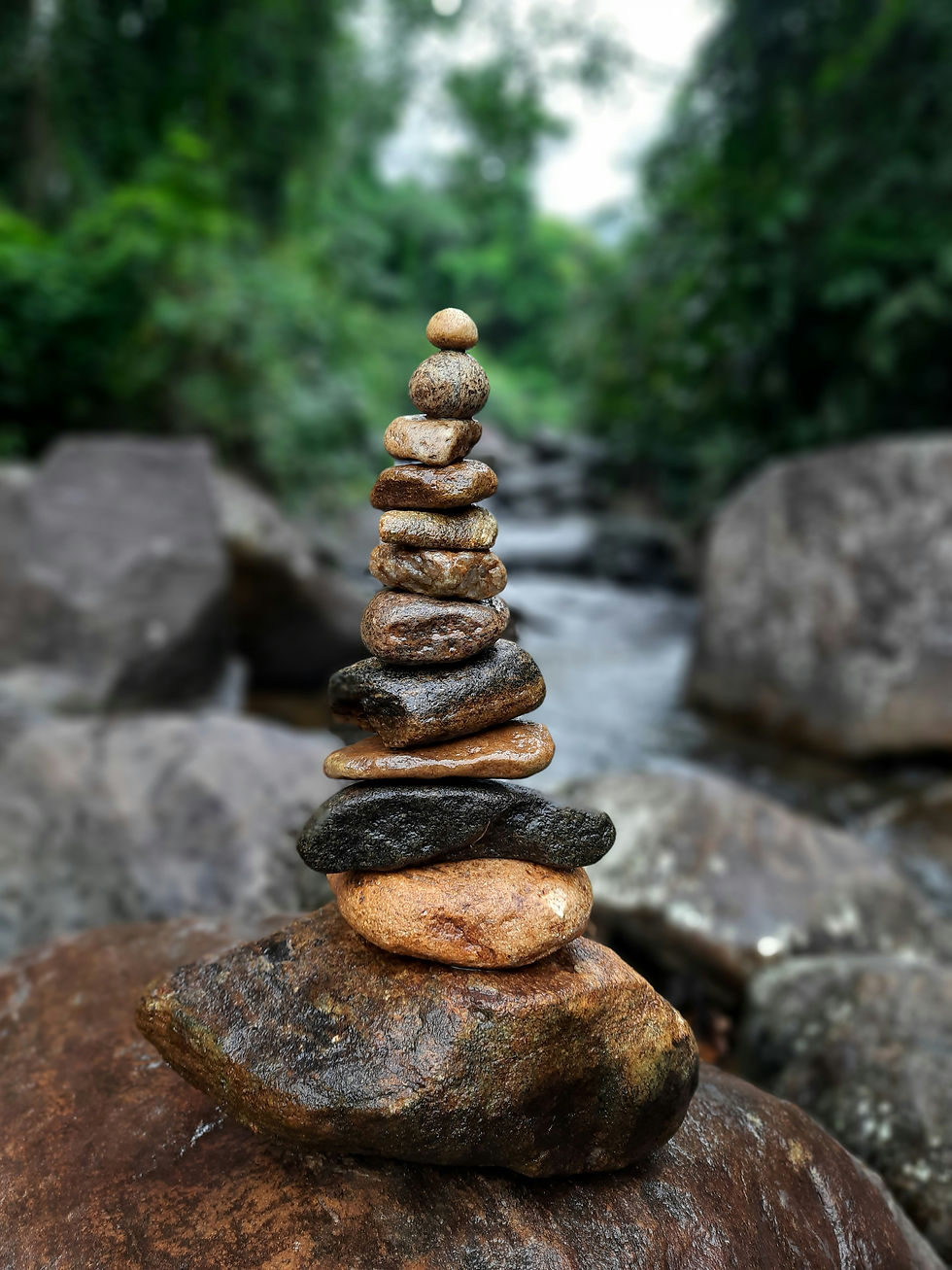 Stack of balanced stones on a large rock, set against a green, forested riverbank. The scene feels calm and natural.