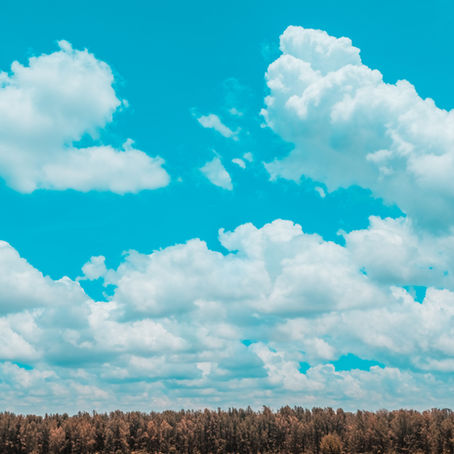 Fluffy white clouds float in a vibrant blue sky above a dense, dark green forest. The scene conveys a calm and serene mood.
