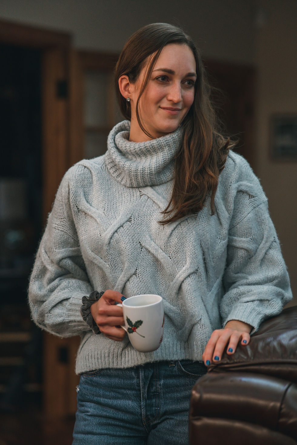 Person wearing a warm recycled wool jumper outdoors