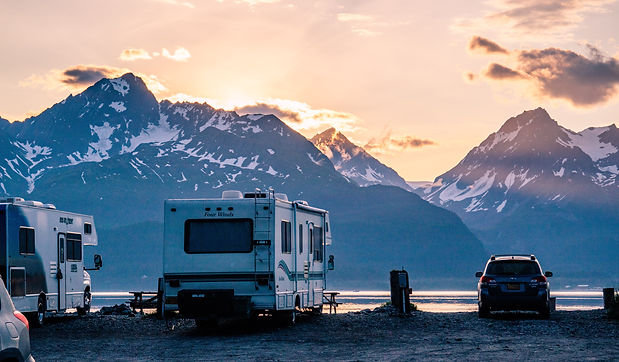RV overlooking the mountains at dusk