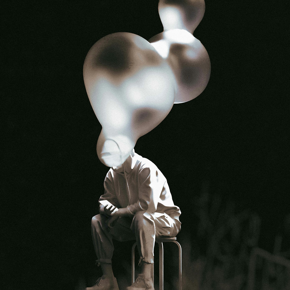 A man dressed in white with an amorphous thought bubble disforming his head against a black background