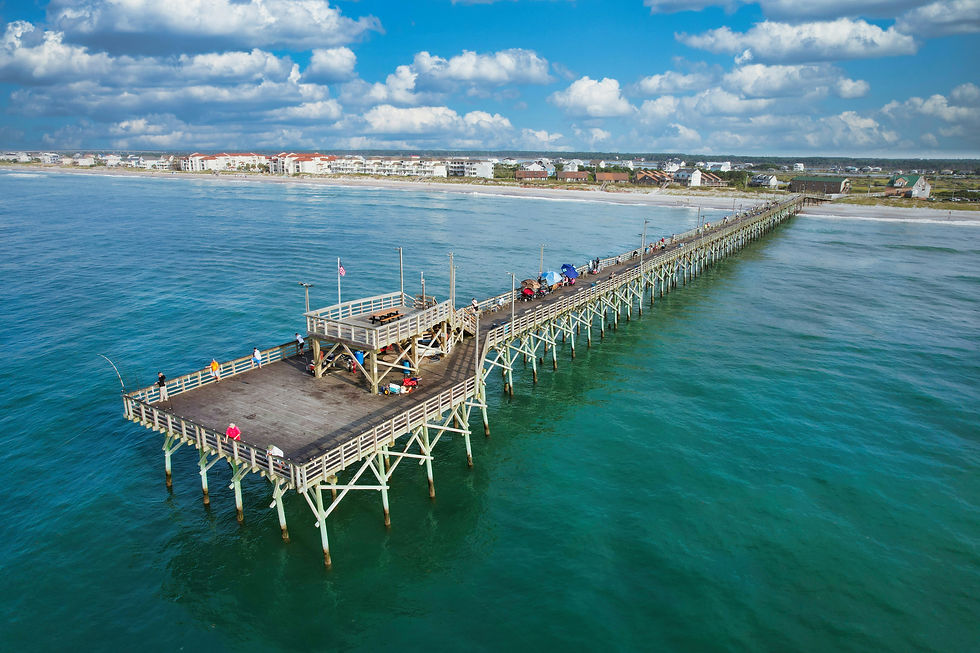 Aerial view of a fishing pier on Topsail Island near Hampstead, NC