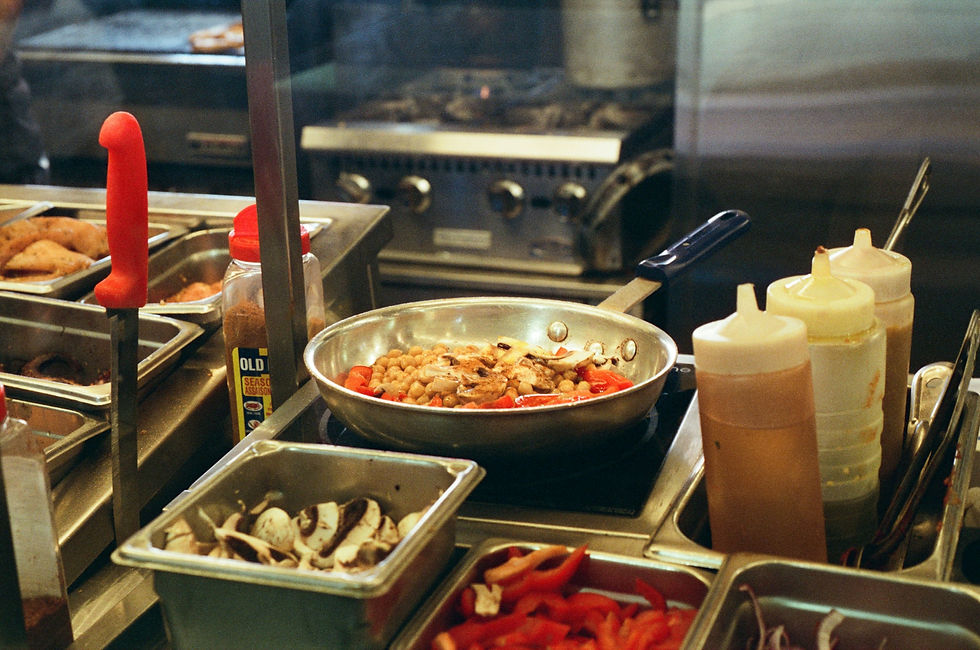 A kitchen line in a fast-food restaurant