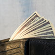 Wallet with dollar bills protruding, set against a light gray background. The wallet is black and textured, conveying wealth.