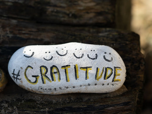 A carefully painted stone spreads joy and positivity, featuring smiley faces and the word "#GRATITUDE" to inspire appreciation.