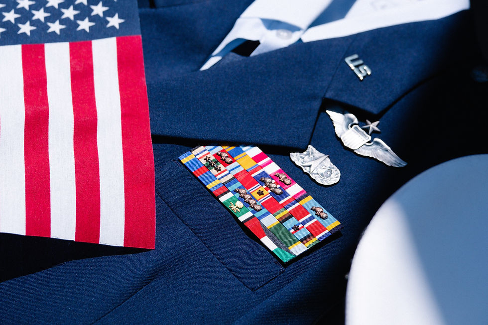 Military service member's uniform, with their ribbons, awards, badges and the American flag.