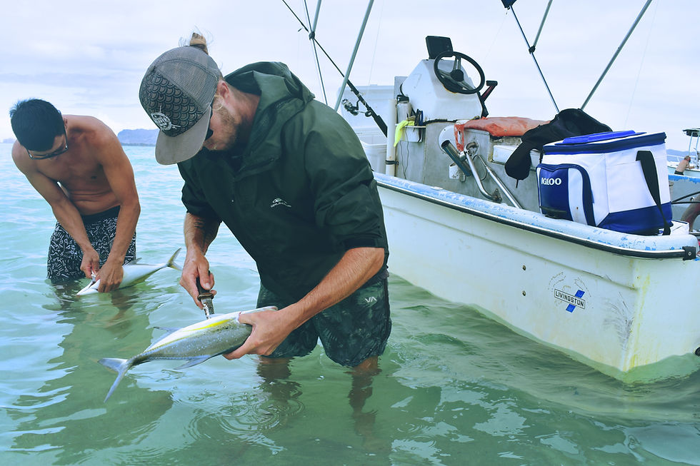 two men in the water next to a charter boat filleting a fish