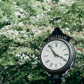 A vintage clock with green trees in the background.