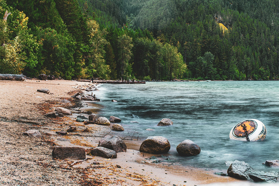 Rocky lake shoreline with forested hills in the background. A buoy with a chain floats in the lake, creating a tranquil, natural scene.