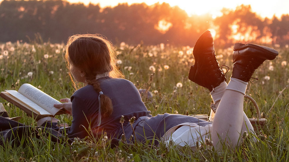 A woman enjoys an empowering book amidst a tranquil field, embraced by the warm glow of sunset.