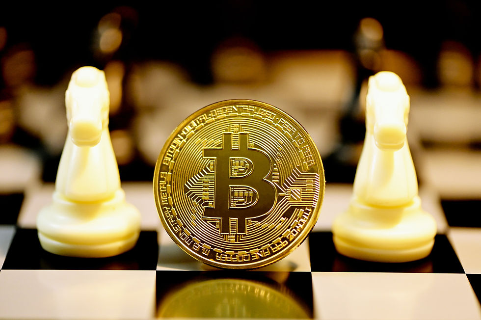 "Bitcoin coin positioned between two chess pieces symbolizing emotional strategy and mental clarity in cryptocurrency investing."