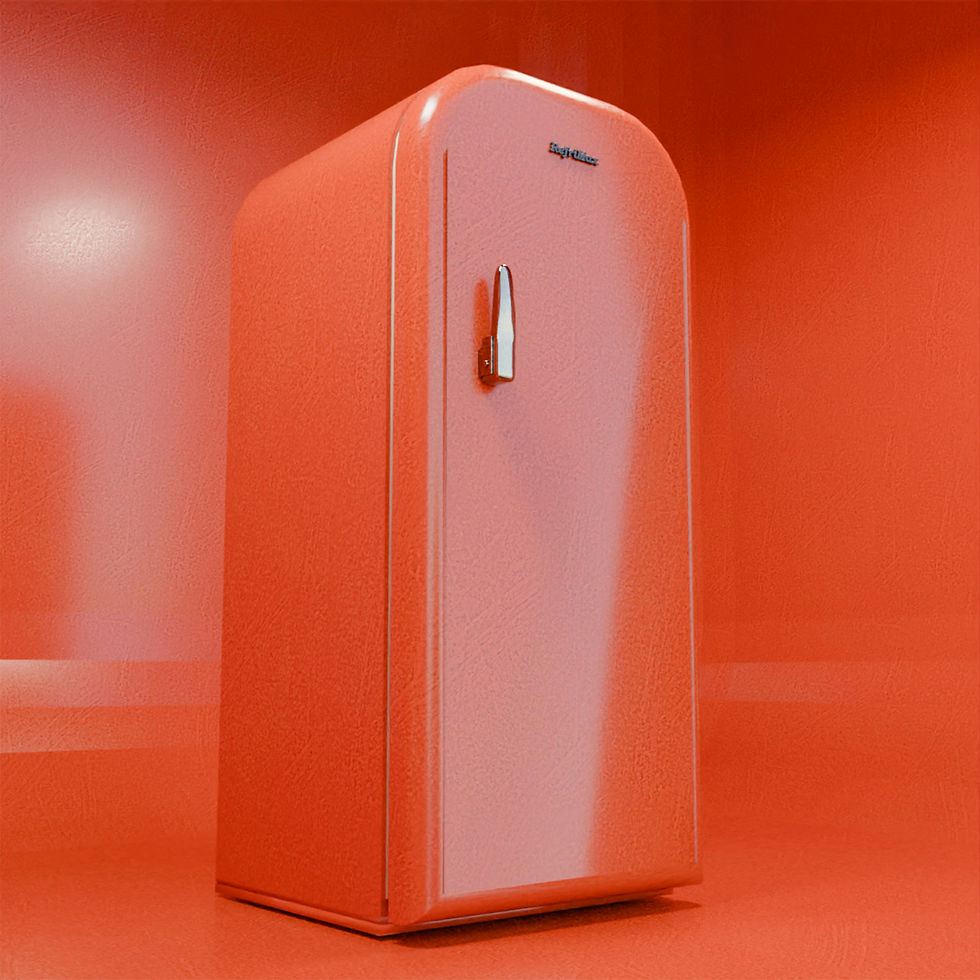 Pink retro refrigerator on orange background with the word Refrigerator on the door.