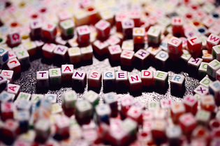 Small block letters on table spell out transgender