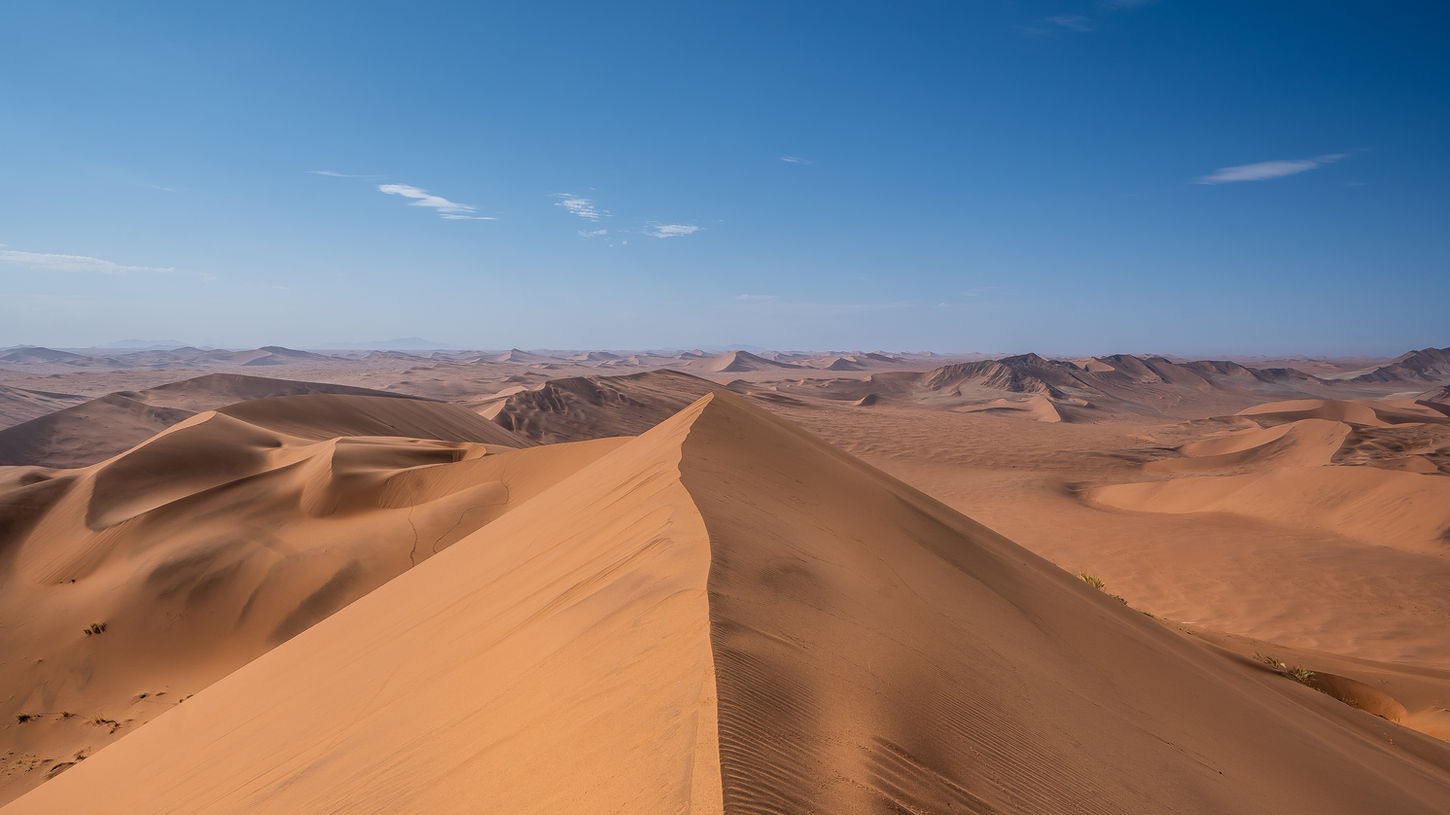 Vast sand dunes under a clear blue sky travel in the desert NAPHA