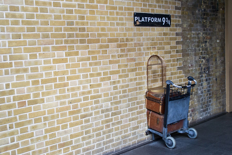 Luggage cart partially through brick wall under "Platform 9¾" sign. Yellow bricks, vintage suitcase, birdcage create a magical feel.