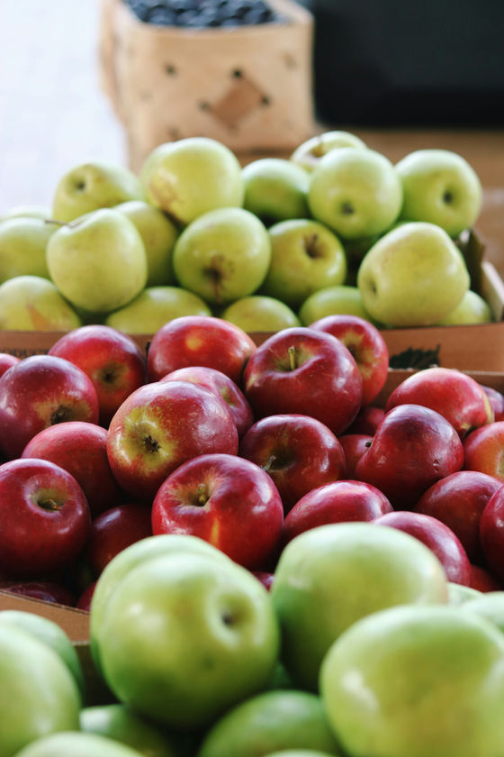 A variety of fresh red and green apples, rich in polyphenols, on display at a market.