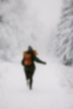 Person in winter attire with a red backpack walks through a snowy forest path. Snow-laden trees flank both sides. Serene, wintry scene.