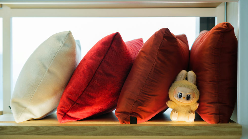 Lububu gepresenteerd tussen kussens in een winkel